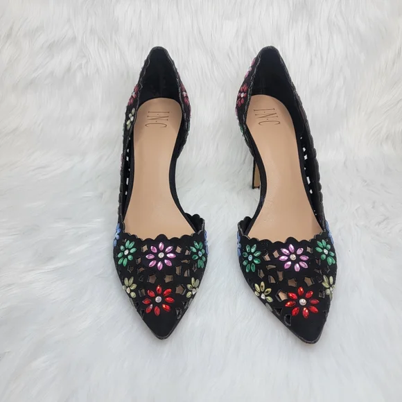 INC International Concepts black pumps pointed toe multi colored floral heels. - Picture 2 of 9